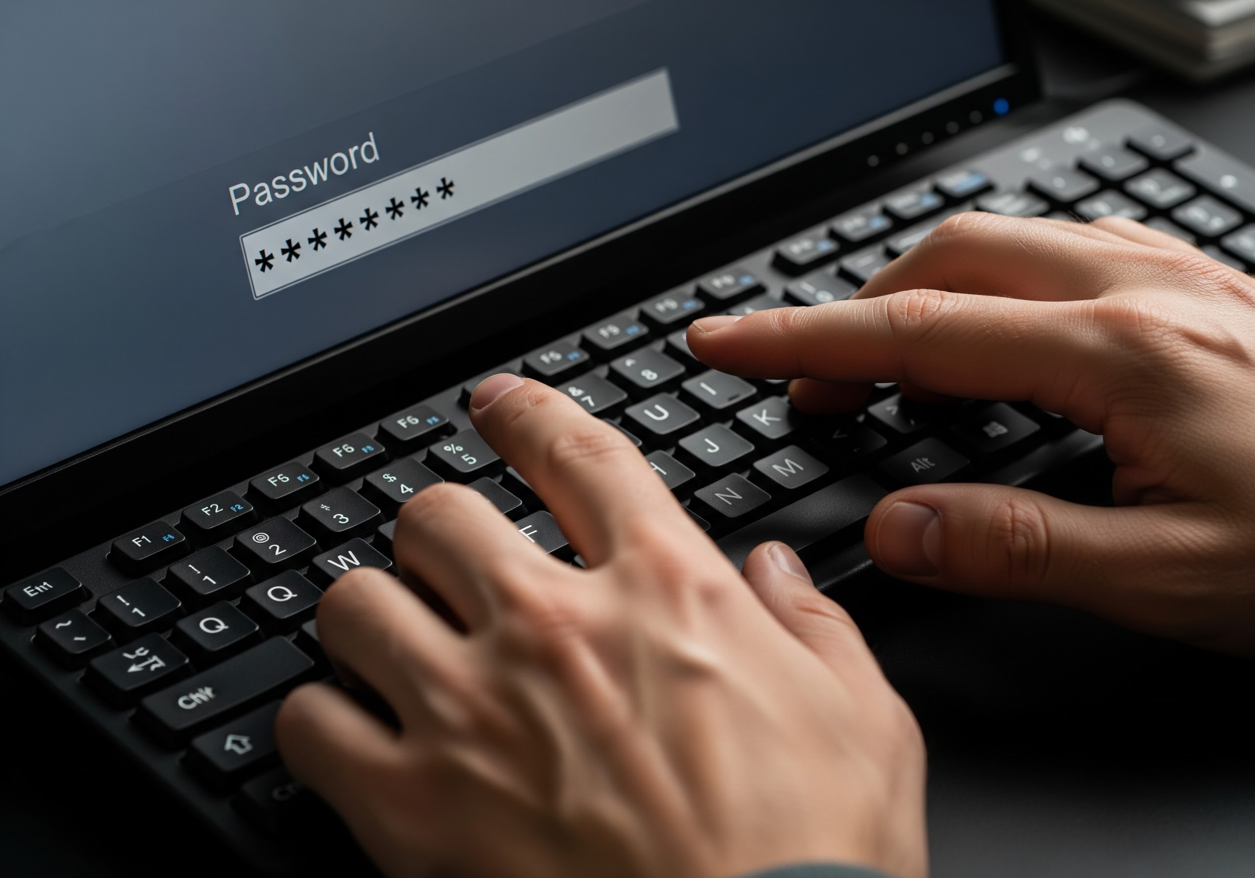 A imagem, gerada por Inteligência artificial, tem qualidade fotográfica, e mostra as mãos de um trabalhador digitando uma senha em um notebook.
