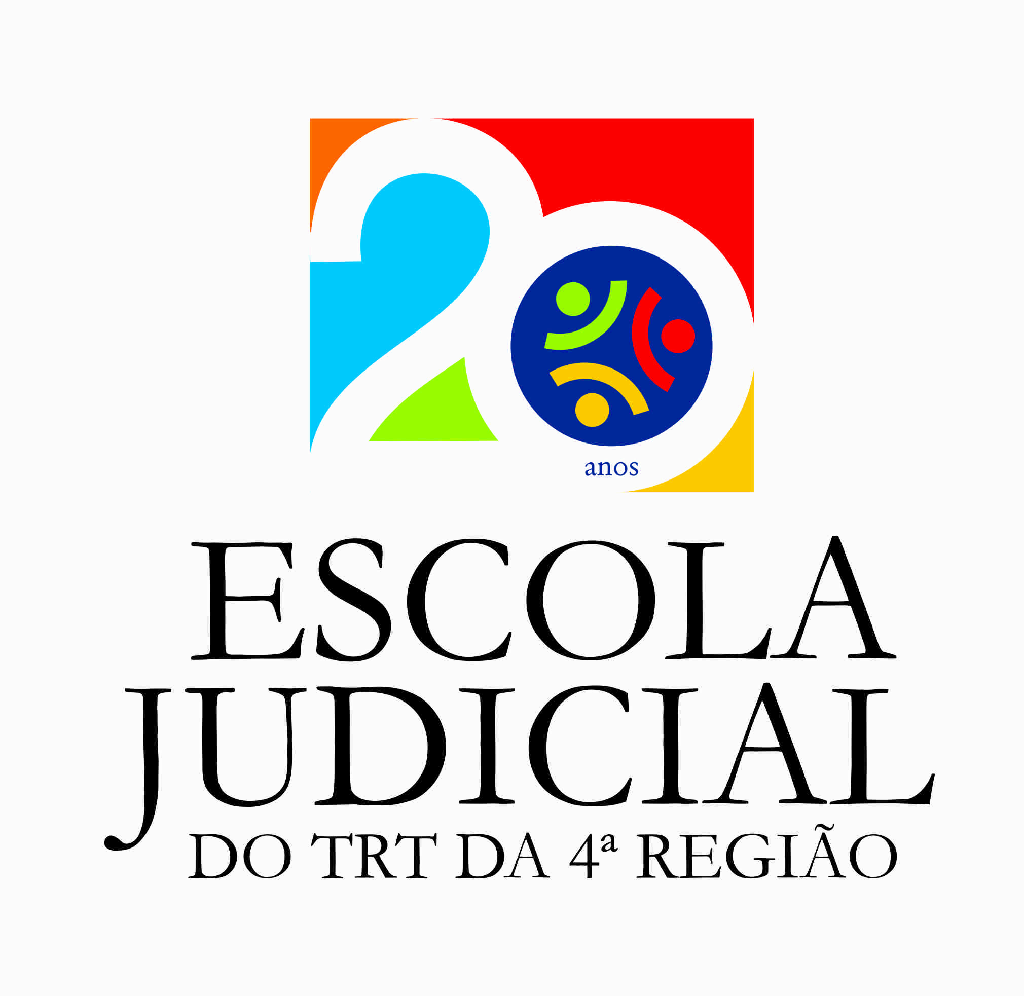 Selo alusivo aos 20 anos da Ejud4. Abaixo, aparece o texto Escola Judicial do TRT da 4ª Região