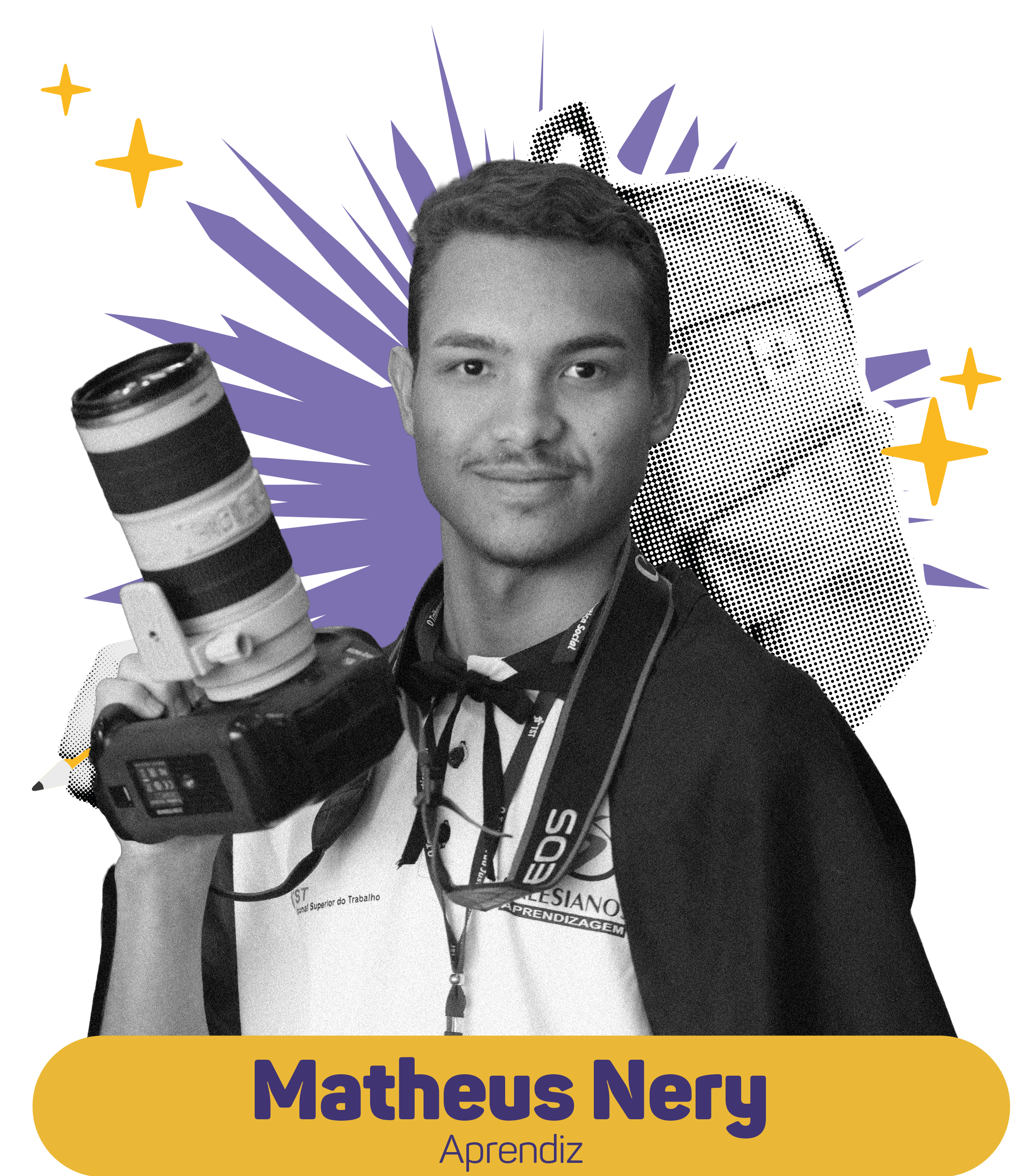 Foto do aprendiz Matheus Nery segunda uma câmera. 