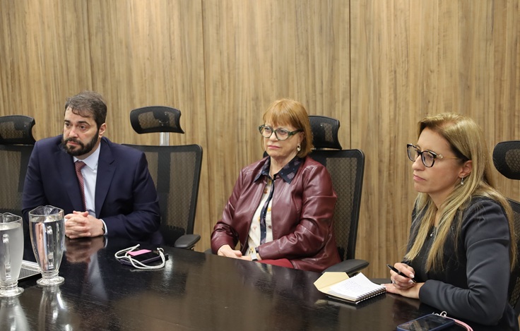 A fotografia mostra, sentados à mesa, dialogando com os representantes da PGE-RS, o presidente do TRT-RS, a corregedora regional e a juíza auxiliar da Corregedoria