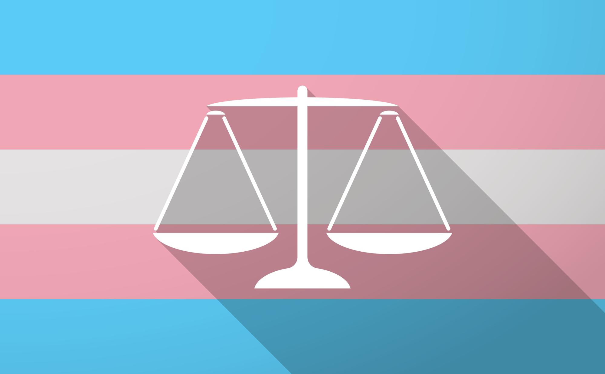 arte com desenho da balança da justiça sobre a bandeira trans (nas cores azul, rosa e branca)