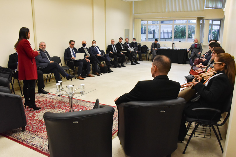 Foto da reunião, em ângulo aberto, mostrando a diretora Natacha Oliveira, em pé, e os demais, sentados.