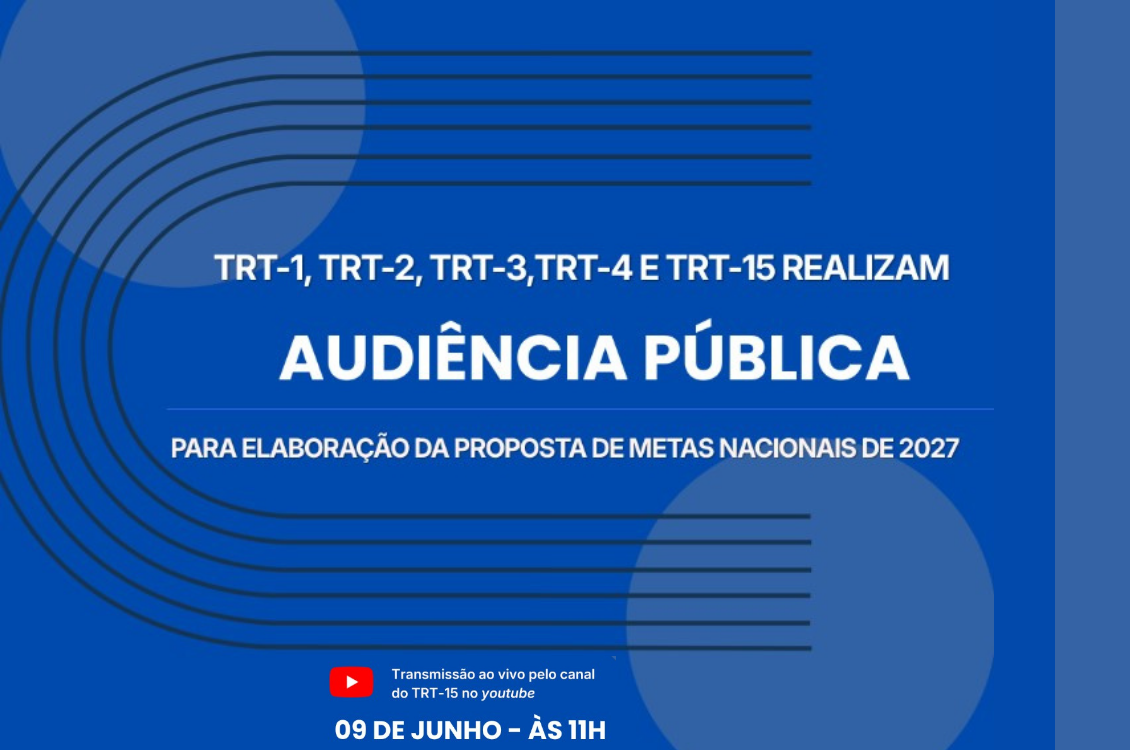 Imagem em tons de azul com detalhes geométricos de linhas pretas e círculos translúcidos. No centro, o texto em branco destaca a realização de uma "AUDIÊNCIA PÚBLICA" para a elaboração da proposta de metas nacionais de 2027, promovida conjuntamente pelos órgãos TRT-1, TRT-2, TRT-3, TRT-4 e TRT-15.