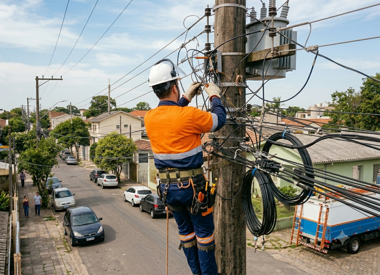 Imagem gerada por IA de um eletricista mexendo em um poste de fios 