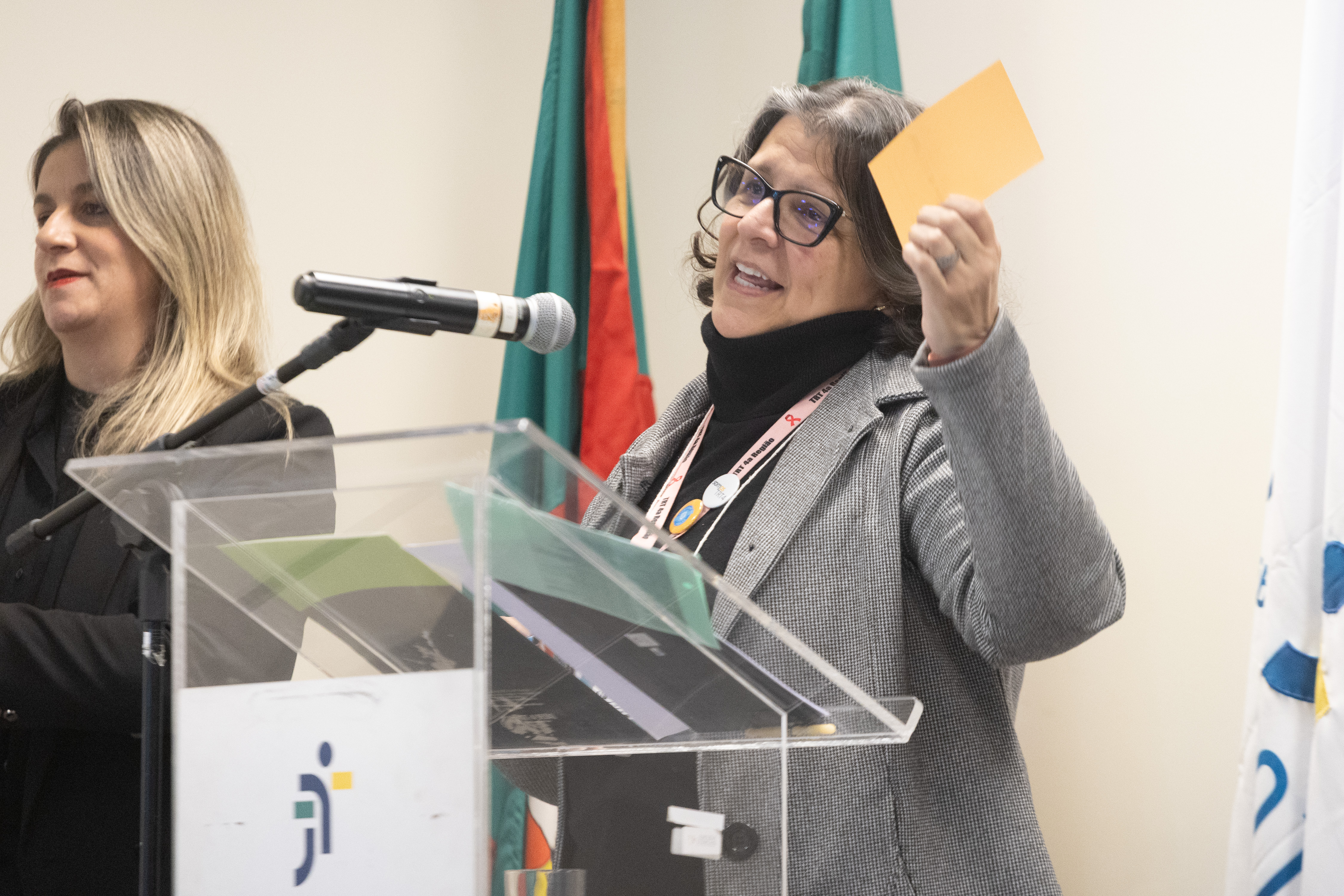 A foto mostra a servidora Nadir da Costa Jardim discursando.