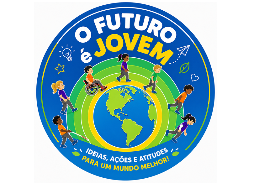 A imagem é o banner de divulgação/símbolo do evento, uma ilustração em que está escrito "O futuro é jovem" e "Ideias, ações e atitudes para um mundo melhor", e mostra crianças caminhando sobre o globo terrestre.
