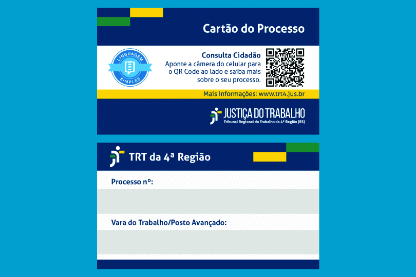 frente e verso do cartão, com o QR Code para acesso à Consulta Cidadã, e os espaços para preencher os dados do processo.