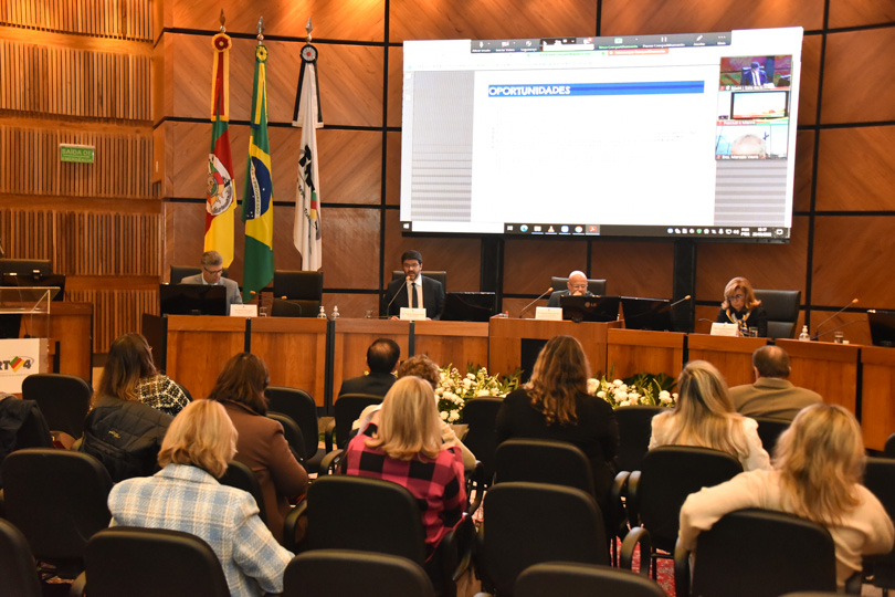 Foto da atividade no plenário, mostrando a mesa oficial e parte do público participantes