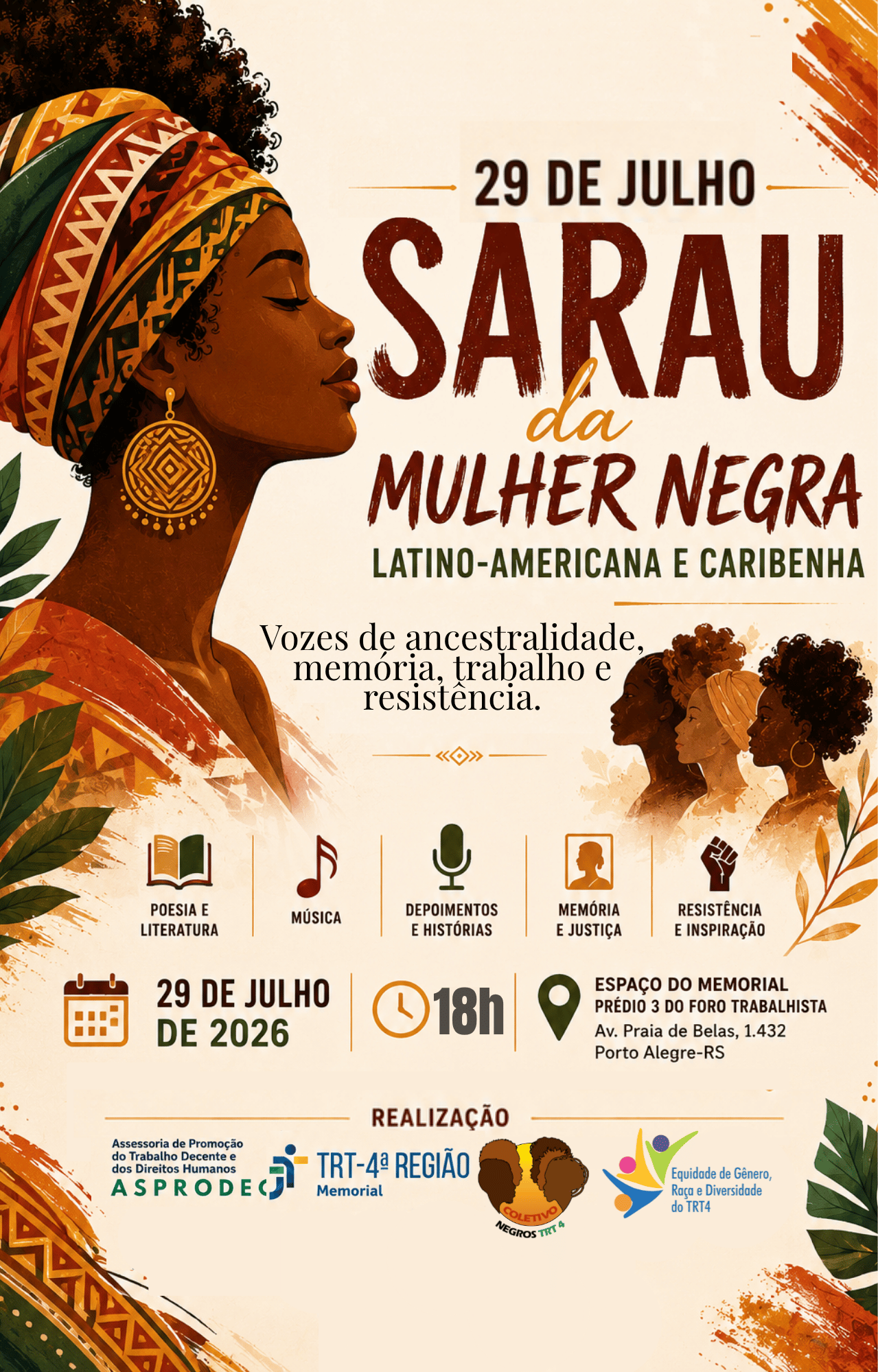 Cartaz Sarau da Mulher Negra Latino-Americana e Caribenha com data, horário, local, logos dos realizadores, imagem ilustrando mulheres negras estilizadas com adereços africanos.