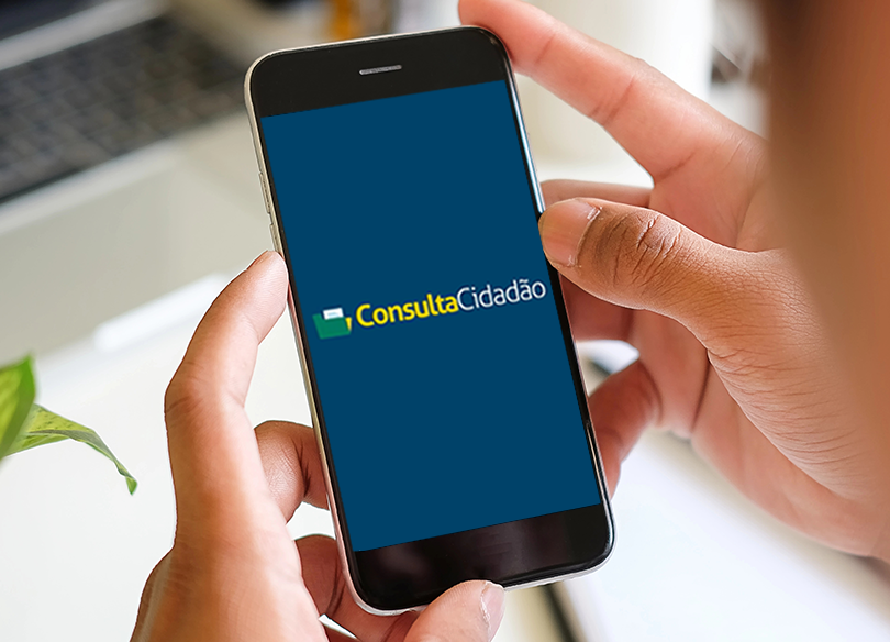 pessoa segurando um celular com o logo do Consulta Cidadão aparecendo na tela.