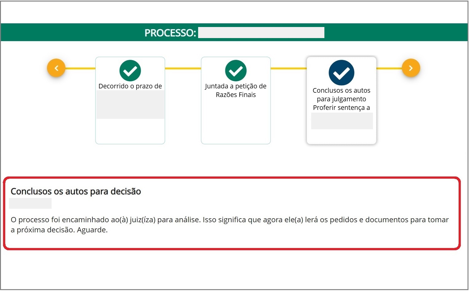 tela da consulta cidadã, com andamentos acima e a explicação em linguagem simpels abaixo.