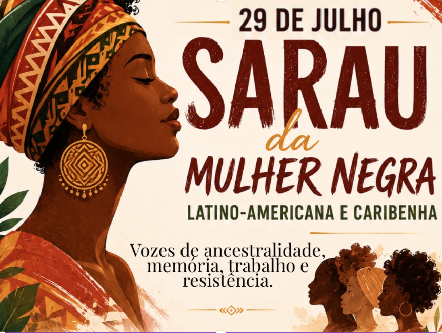 A imagem é o banner de divulgação do evento, com data e local, e mostra a ilustração de rostos de mulheres, de perfil, de tons de pele negra.