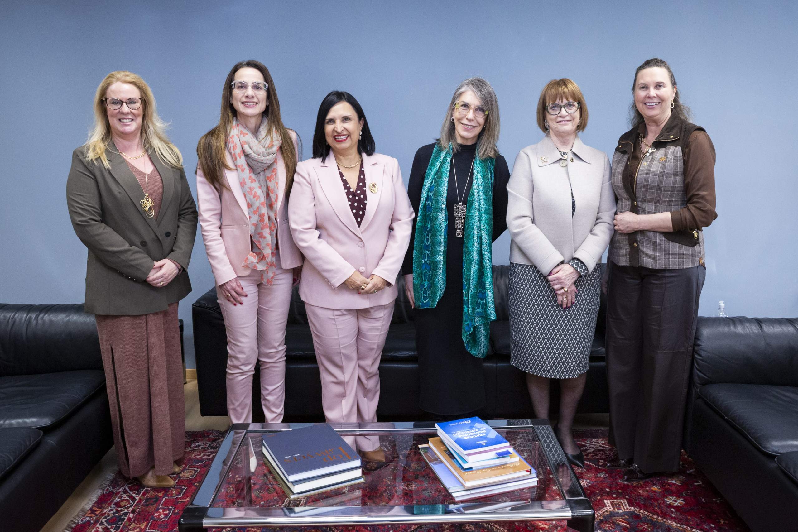 A foto mostra seis mulheres posando para foto lado a lado.