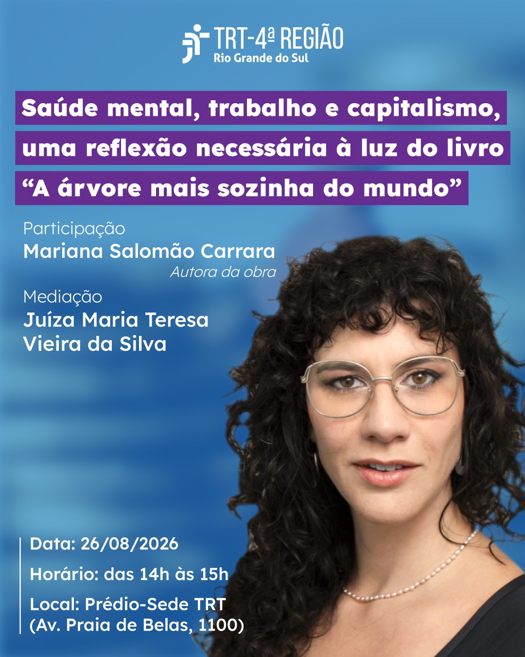 Card de divulgação do evento, com a foto de Mariana e as informações da atividade
