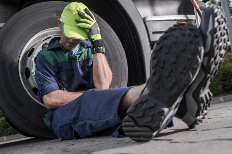 Motorista sentado no chão e apoiado na roda de um caminhão. O homem tem a pele branca, usa boné verde e uniforme cinza. Ele está com a cabeça baixa, aparentando cansaço.