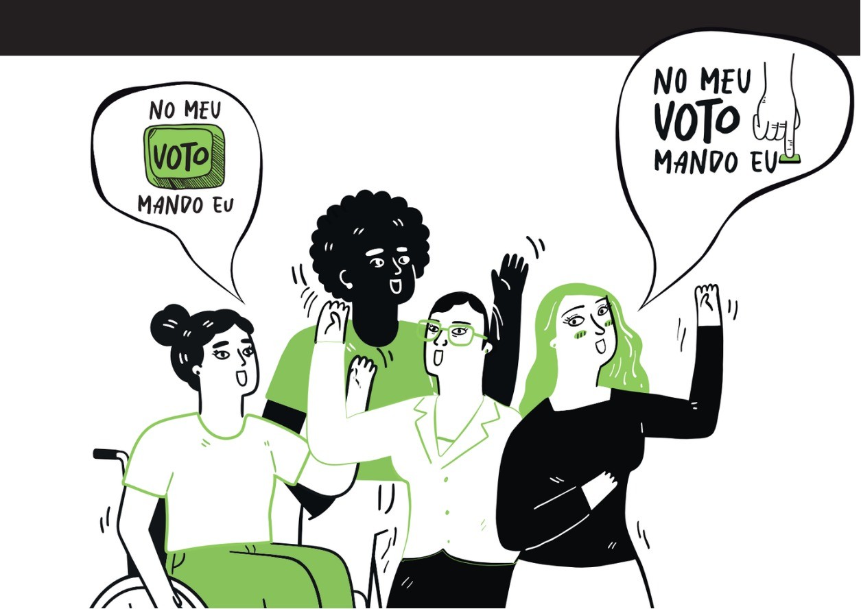 Foto da campanha. Na imagem há quatro pessoas e tem dois balões de fala saindo das pessoas, escrito "No meu voto mando eu"