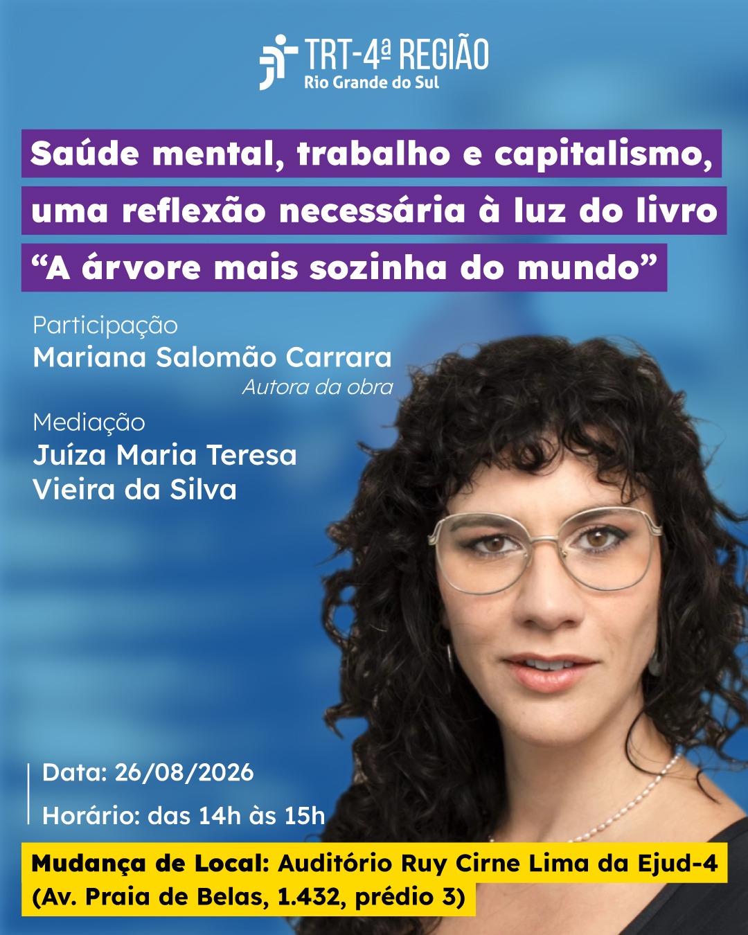 Card institucional em tom azul-escuro com informações sobre o evento que estão no corpo do texto.