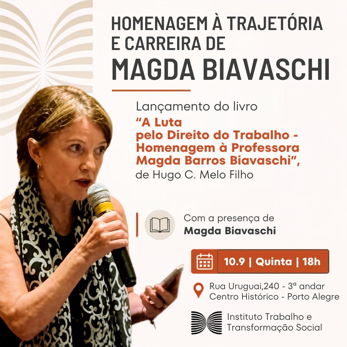 Card de lançamento do livro em homenagem à trajetória e carreira de magda Biavaschi