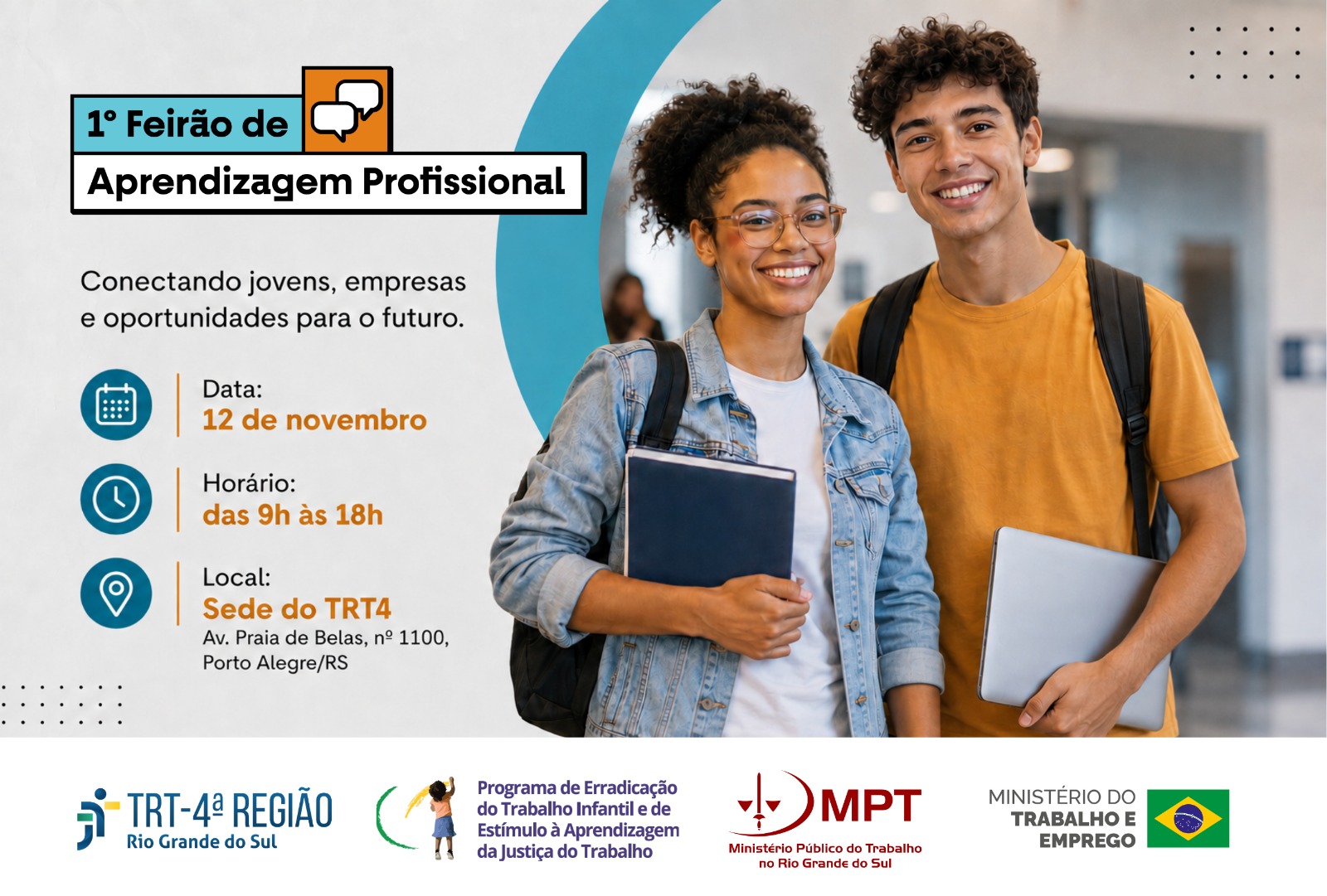 Card sobre o 1º Feirão de Aprendizagem Profissional, com realização em 12 de novembro, das 9h às 18h, na sede do TRT da 4ª Região, em Porto Alegre.