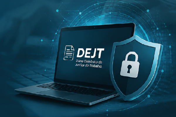 Imagem de um notebook com uma tela escrito "DEJT".