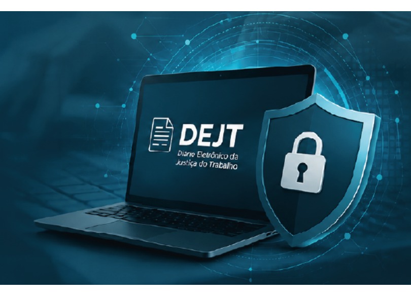 Imagem de um notebook com uma tela escrito "DEJT".
