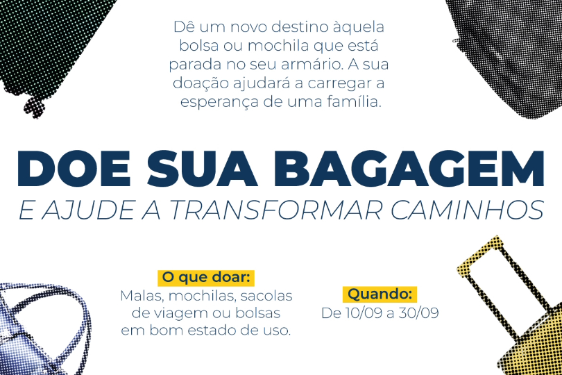 Card de divulgação da campanha, com informações sobre itens a serem doados e data de realização. Nos cantos, há imagens parciais de bolsas, malas e mochilas.