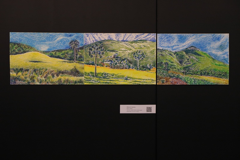 Imagem de uma das obras da exposição. A obra é extensa, é a junção de três desenhos de paisagens diferentes, dispostos um do lado do outro na horizontal, parecendo que são da mesma paisagem.