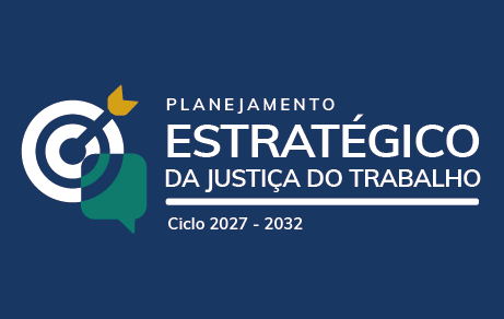 Imagem com escrita branca, "Planejamento estratégico da justiça do trabalho, ciclo 2027-2032", em um fundo azul.