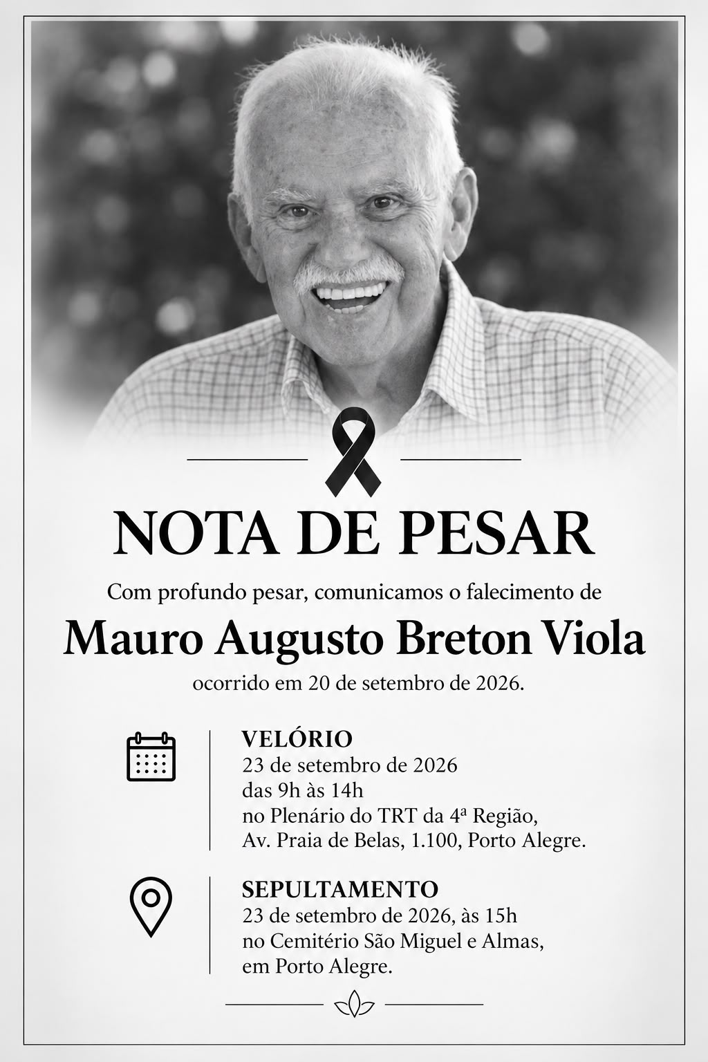 Card em Preto e Branco, com a foto do magistrado e as informações da despedida