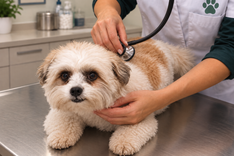 Pequeno cão Lhasa Apso de cor branca e bege sobre mesa de atendimento em consultório veterinário. Uma mulher de pele branca o examina com estetoscópio.