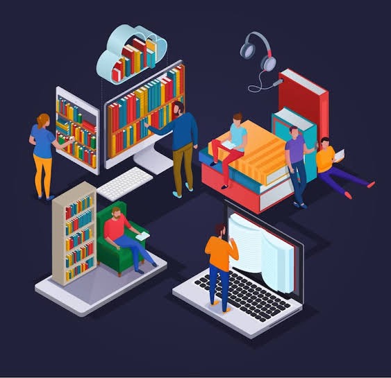 Imagem ilustrando várias pessoas em ambientes diferentes, lendo livros físicos e digitais.