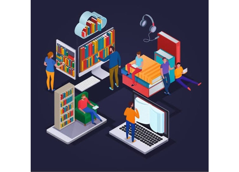Imagem ilustrando várias pessoas em ambientes diferentes, lendo livros físicos e digitais.