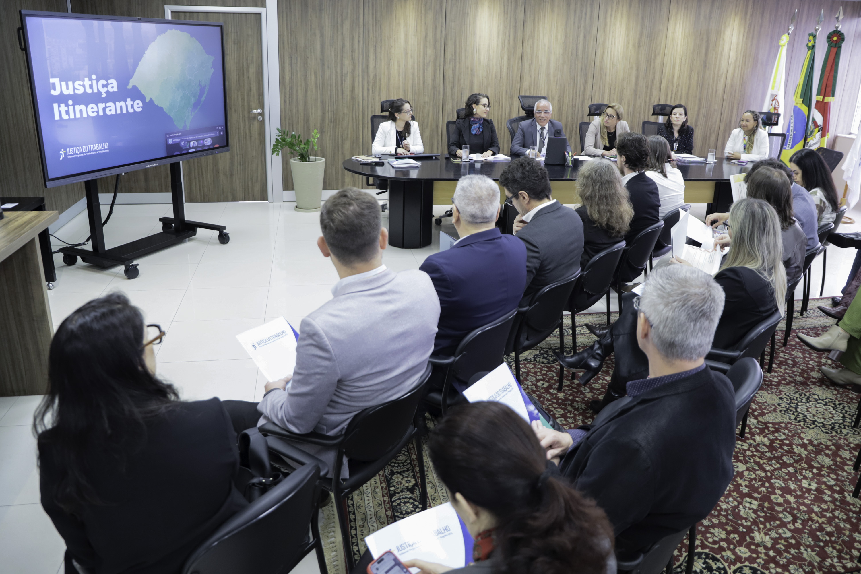 telão com logo do projeto à esquerda, com mesa oficial no canto direito superior e público no canto direito inferior
