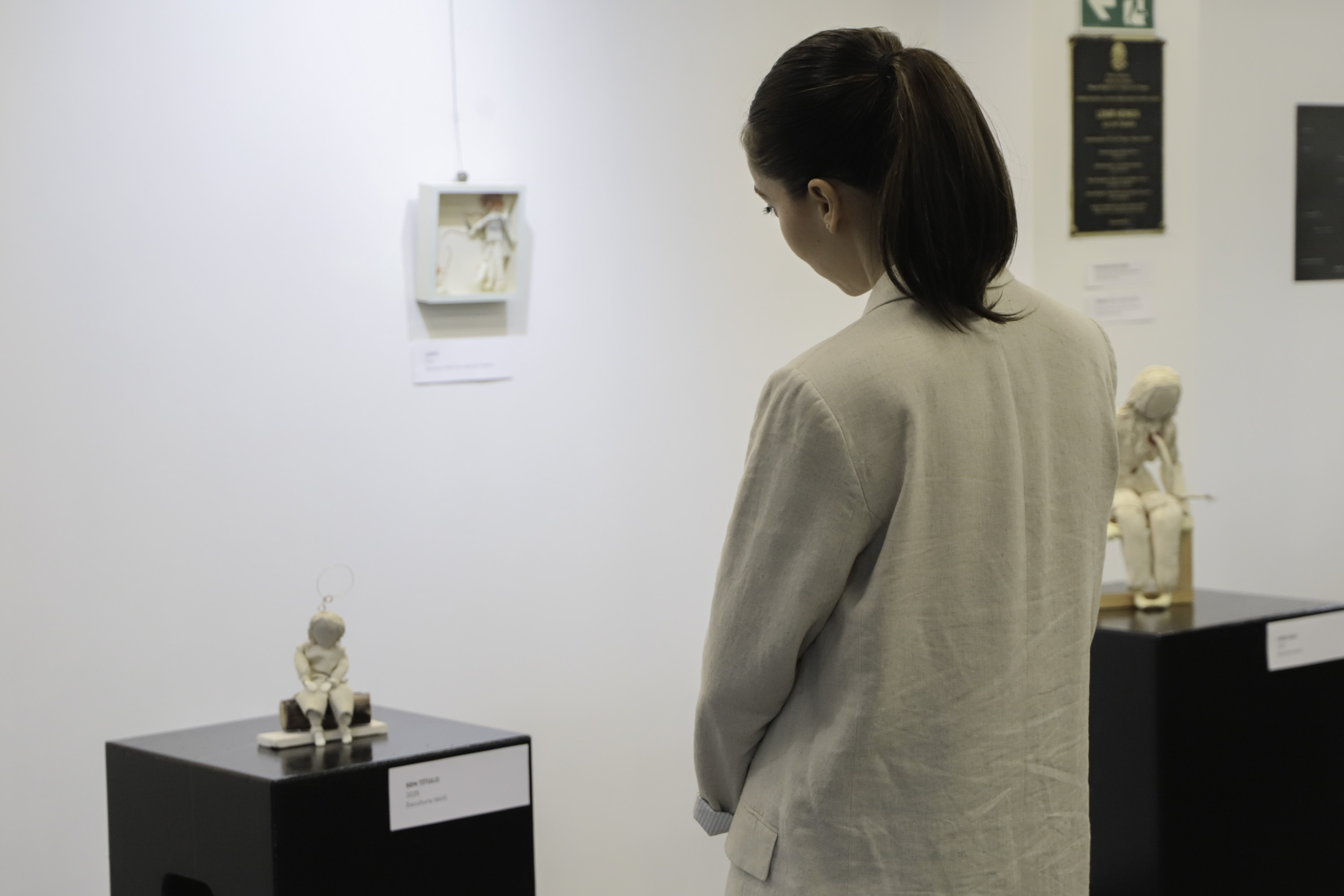 Foto mostra uma mulher, de costas, contemplando uma obra de arte, uma pequena escultura têxtil.