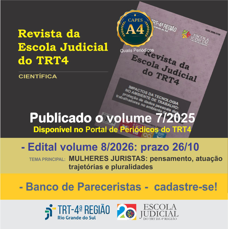 O banner expande as informações da "Revista da Escola Judicial do TRT4". A parte superior mantém o destaque do volume 7/2025, o selo CAPES A4 e a capa da revista. A metade inferior traz fundos bege e amarelo com novos avisos: o edital do volume 8/2026 com prazo até 26/10 sobre "MULHERES JURISTAS: pensamento, atuação, trajetórias e pluralidades", e a chamada "Banco de Pareceristas - cadastre-se!". No rodapé, figuram os logótipos do TRT-4ª Região e da Escola Judicial.