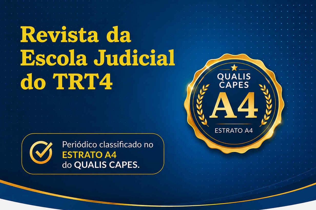 Imagem promocional da "Revista da Escola Judicial do TRT4" com fundo azul-escuro. Em destaque, à esquerda, está o título em letras amarelas e brancas e um ícone de verificação informando que se trata de um "Periódico classificado no ESTRATO A4 do QUALIS CAPES". À direita, exibe-se um selo dourado circular com o texto "QUALIS CAPES A4 ESTRATO A4" e detalhes de ramos de louro.
