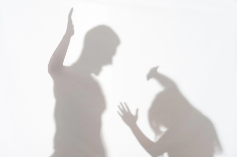 A foto mostra sombras de um homem ameaçando uma mulher fisicamente.