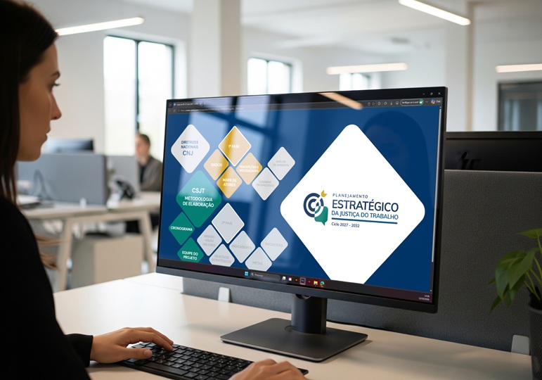 Uma mulher trabalha num escritório em frente a um monitor que exibe uma apresentação institucional. O ecrã mostra o título «Planejamento Estratégico da Justiça do Trabalho - Ciclo 2027-2032» dentro de um losango branco sob fundo azul. À esquerda, surgem vários elementos geométricos com tópicos como «Diretrizes Nacionais CNJ», «Metodologia de Elaboração» e fases do projeto. A mulher tem a mão no teclado sobre uma secretária num ambiente luminoso de escritório.