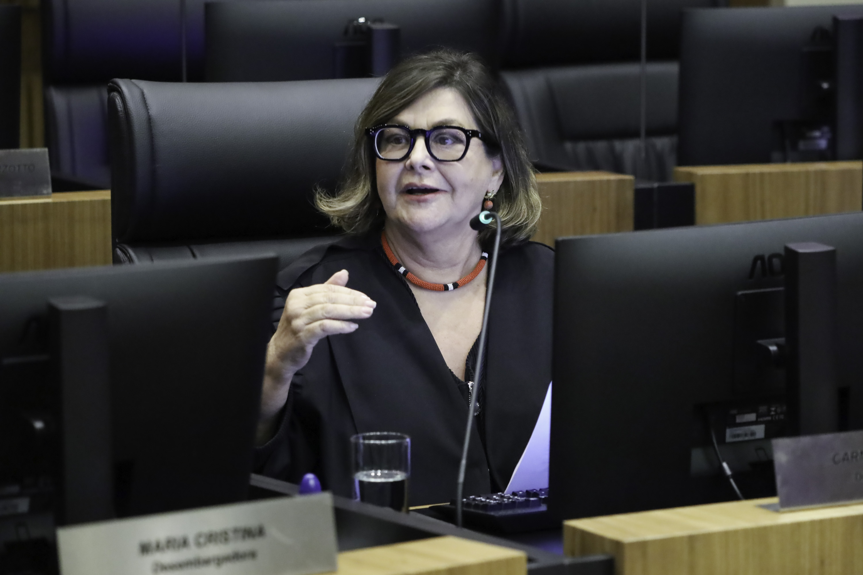 Carmen é branca, tem cabelo castanho,. fala e gesitcual. 