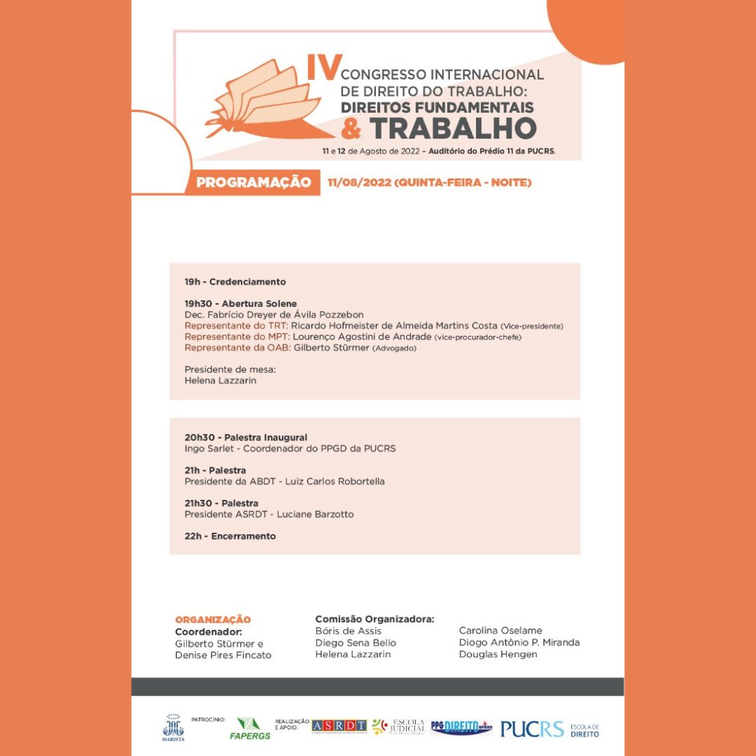 Card em tons de branco, preto, cinza e laranja, trazendo a programação de cada turno do evento, a qual pode ser consultada, na íntegra, no site do evento.