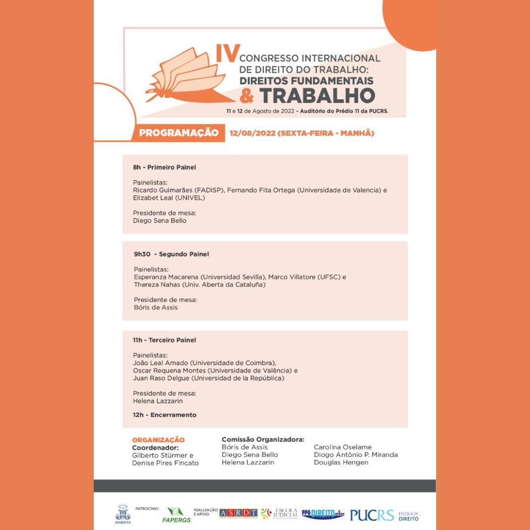 Card em tons de branco, preto, cinza e laranja, trazendo a programação de cada turno do evento, a qual pode ser consultada, na íntegra, no site do evento.