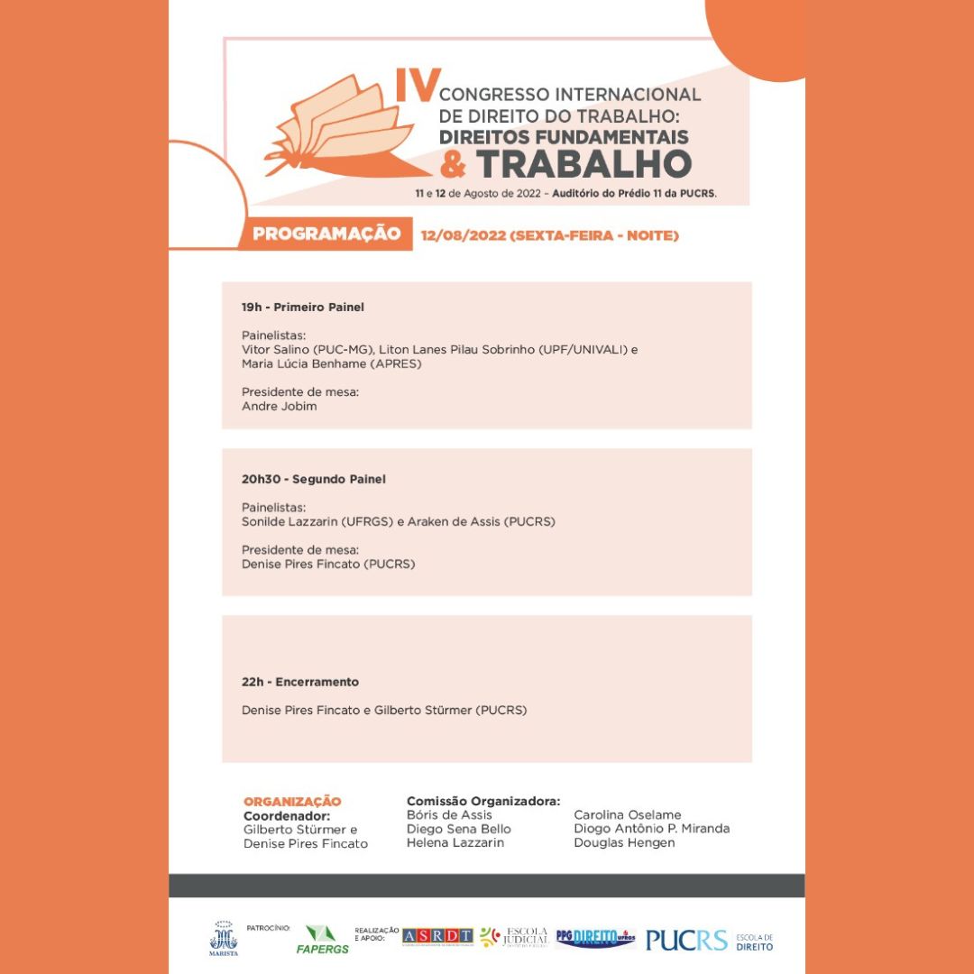 Card em tons de branco, preto, cinza e laranja, trazendo a programação de cada turno do evento, a qual pode ser consultada, na íntegra, no site do evento.