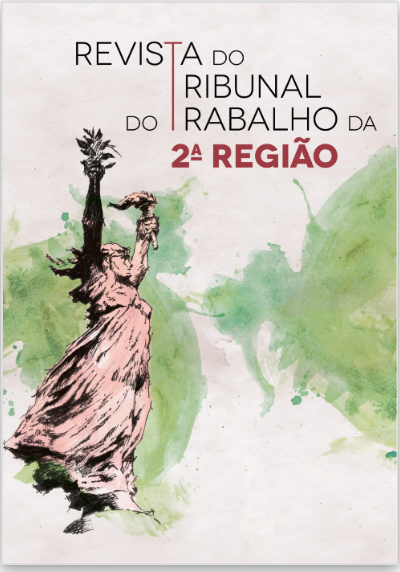 Descrição da imagem: Capa da Revista do Tribunal Regional do Trabalho da 2ª Região. A cor de fundo da capa é bege com detalhes em verde. Sobrepõe-se sobre essas cores a imagem da deusa da Justiça