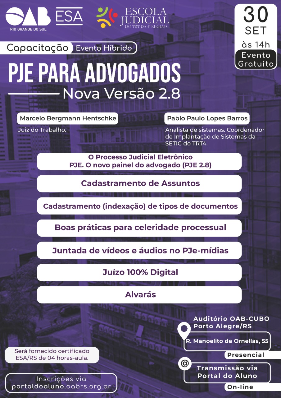 Cartaz de divulgação do evento. Arte nas cores roxa e branca com logotipos ESA/OAB e EJud4, título, data, horário, local, link para inscrição, ministrantes e conteúdo programático.