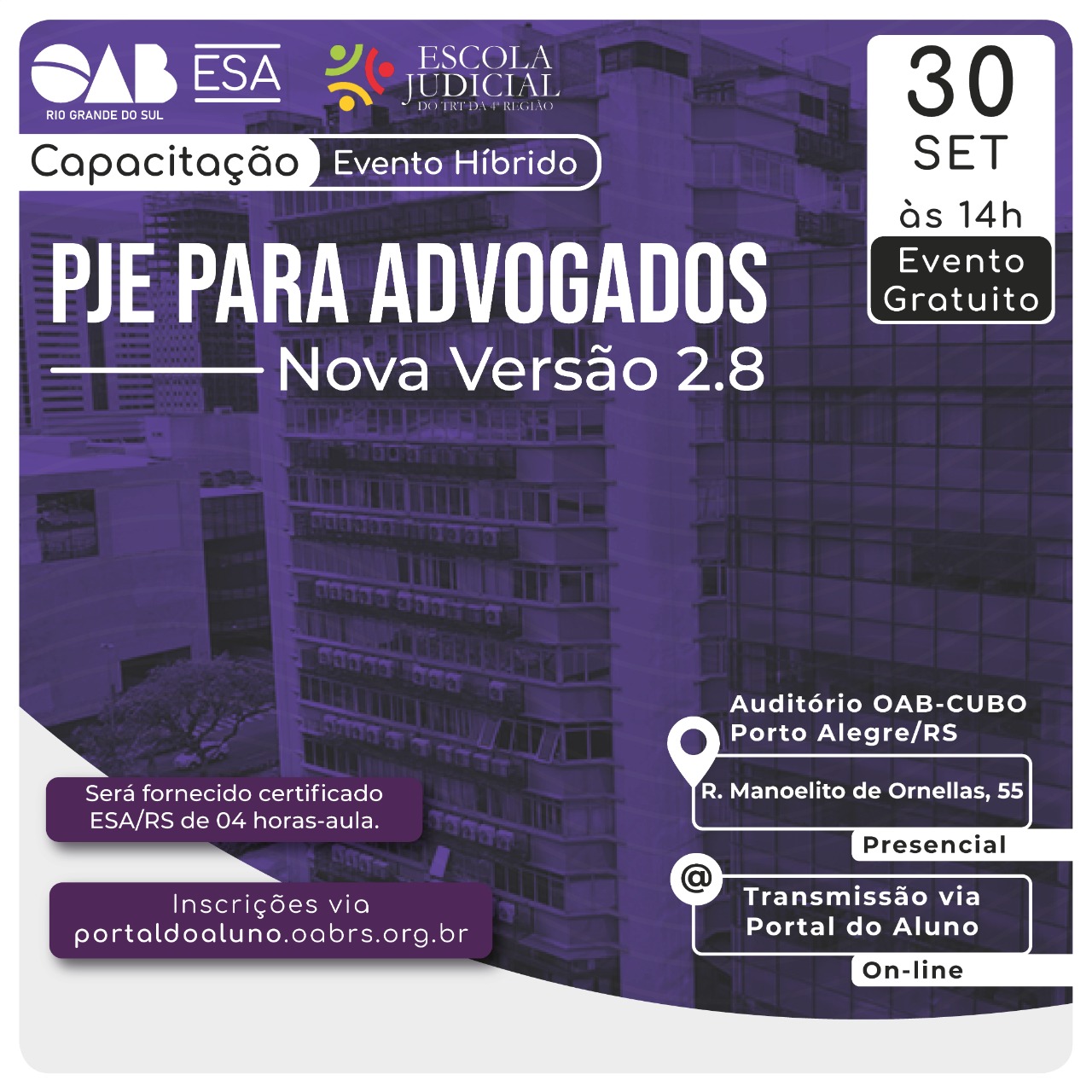 Card de divulgação do evento. Arte nas cores roxa e branca com logotipos ESA/OAB e EJud4, título, data, horário, local, link para inscrição, ministrantes e conteúdo programático.