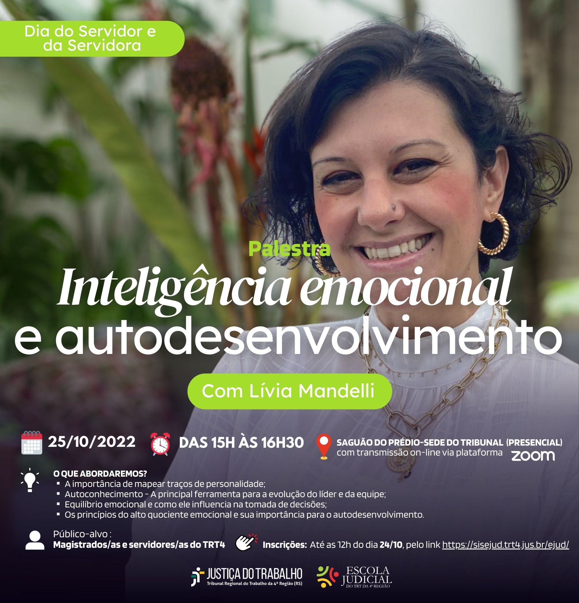 Card de divulgação com informações gerais sobre o evento, tendo ao fundo a fotografia da palestrante.