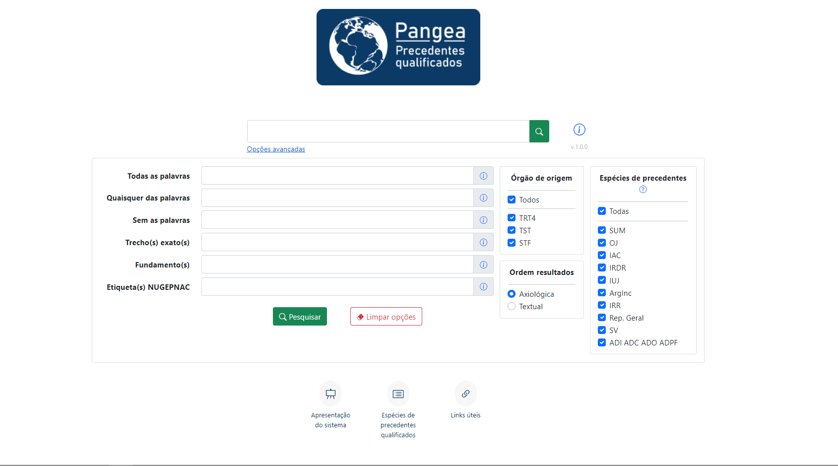 Tela inicial do Pangea, mostrando os campos de busca.