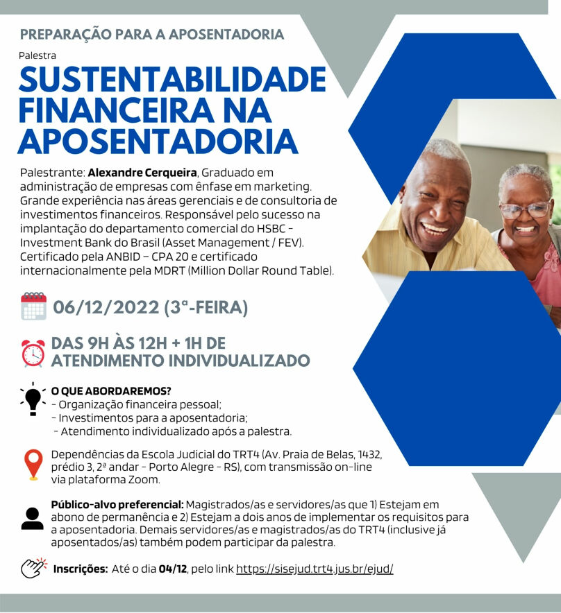 Card de divulgação do evento, com informações gerais sobre o evento, tendo na parte superior, à direita, a imagem de um casal negro, com cabelos brancos, sorrindo.