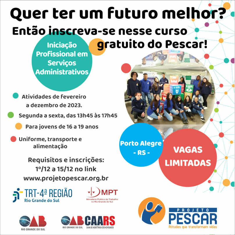 Arte com imagens de uma turma de estudantes, informações do projeto e logos das entidades participantes