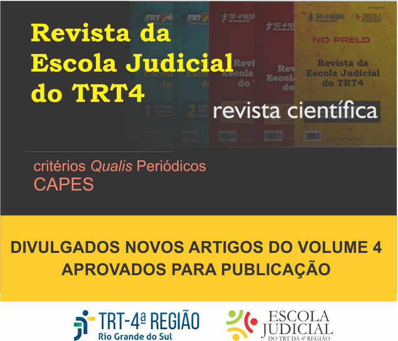 Card com o título do periódico "Revista da Escola Judicial do TRT4" com os dizeres: revista cientifica, critéros Qualis Periódicos, artigos científicos, divulgados novos artigos do volume 4/2022